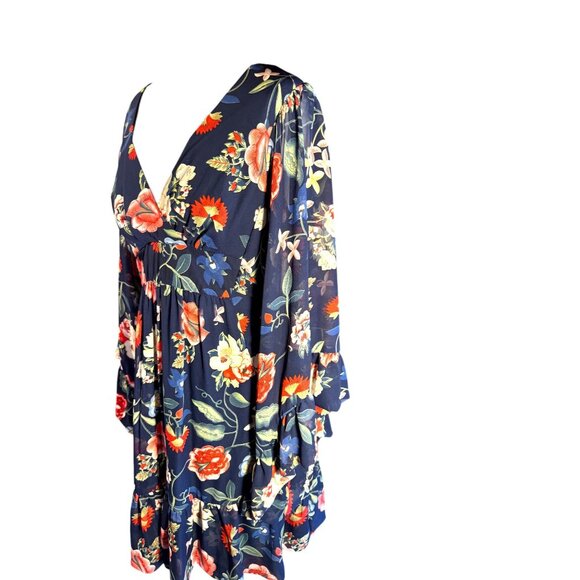 Betsey Johnson Floral Navy Wrap Dress W/ Ruffle Sleeves & Tie Back - Picture 5 of 10
